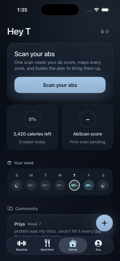 The AbScan home screen, with the scan prompt, calorie and score tiles, and the week at a glance.