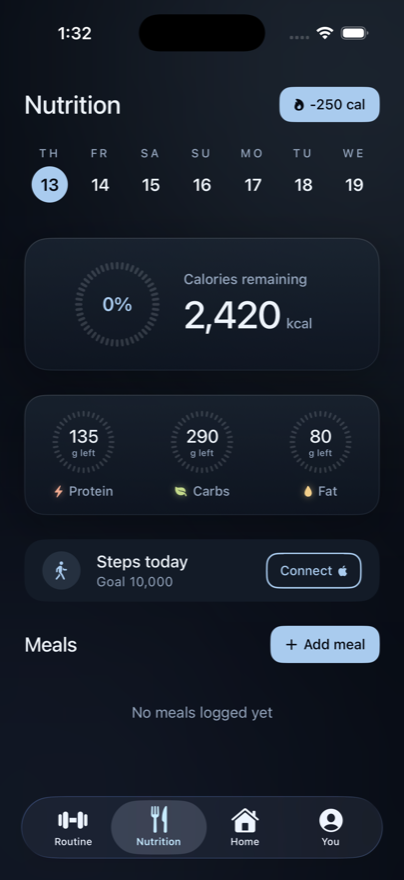 The AbScan nutrition tab, showing calories remaining and macronutrient targets.